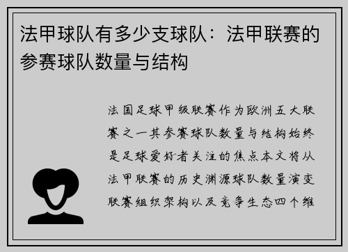 法甲球队有多少支球队：法甲联赛的参赛球队数量与结构
