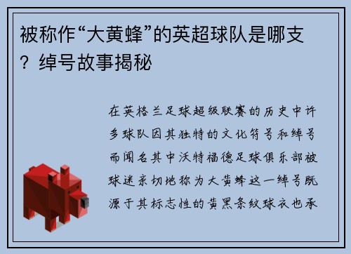 被称作“大黄蜂”的英超球队是哪支？绰号故事揭秘
