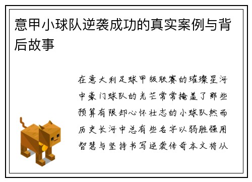 意甲小球队逆袭成功的真实案例与背后故事